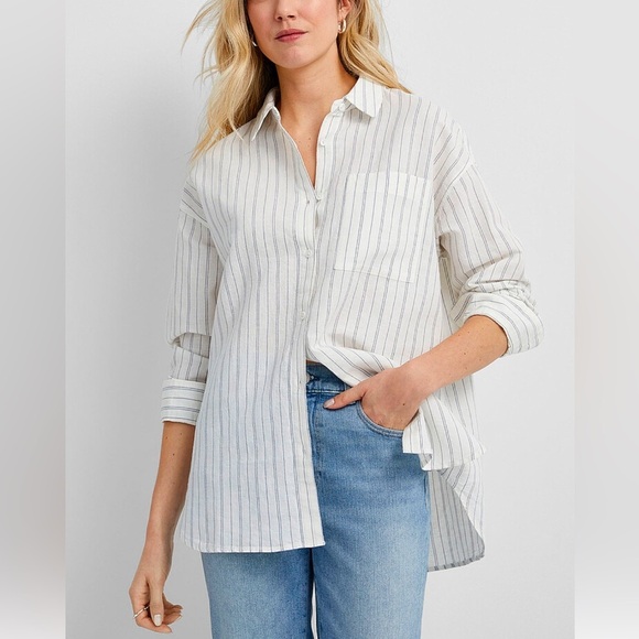 Contemporaine Simons grey striped boyfriend fit button down long sleeve shirt XS - Picture 1 of 5